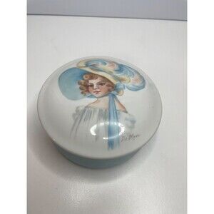 Vintage Porcelain round Lidded Hand-Painted beauty lady Powder Trinket Box